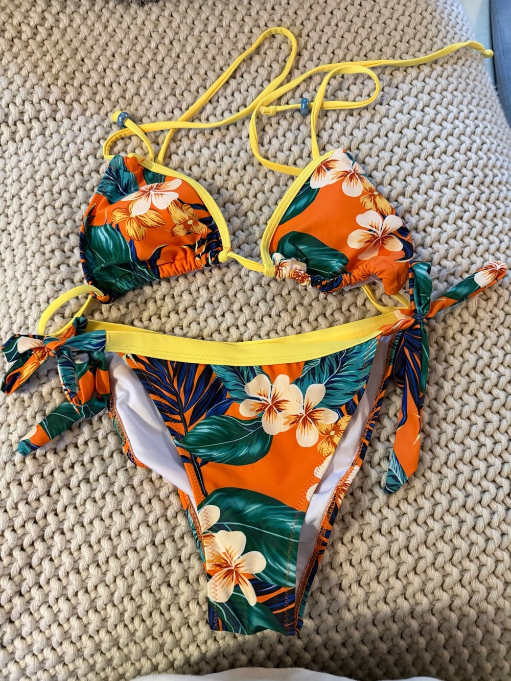 Tropical Orange Floral Tie-Side Bikini with Yellow Trim